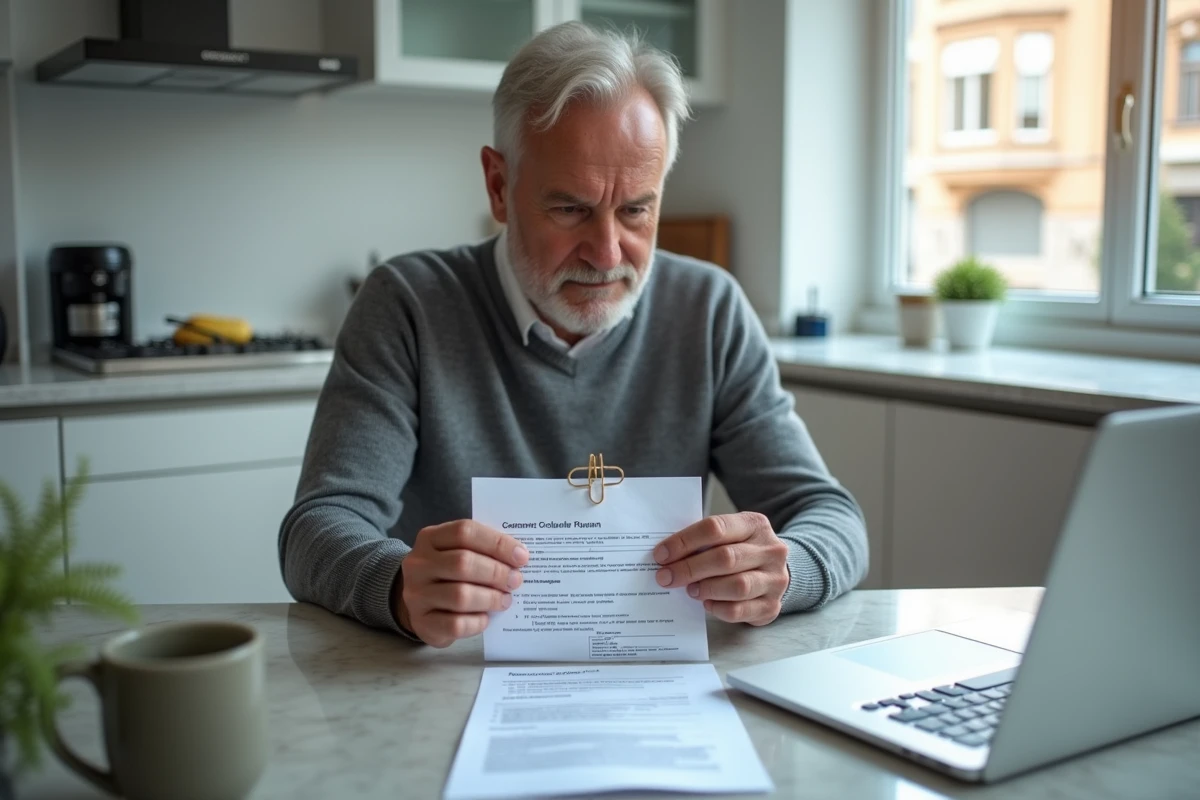 Homme en pull gris assemblant les pièces justificatives pour le formulaire H1 impôt sur une table de cuisine moderne avec un ordinateur portable ouvert