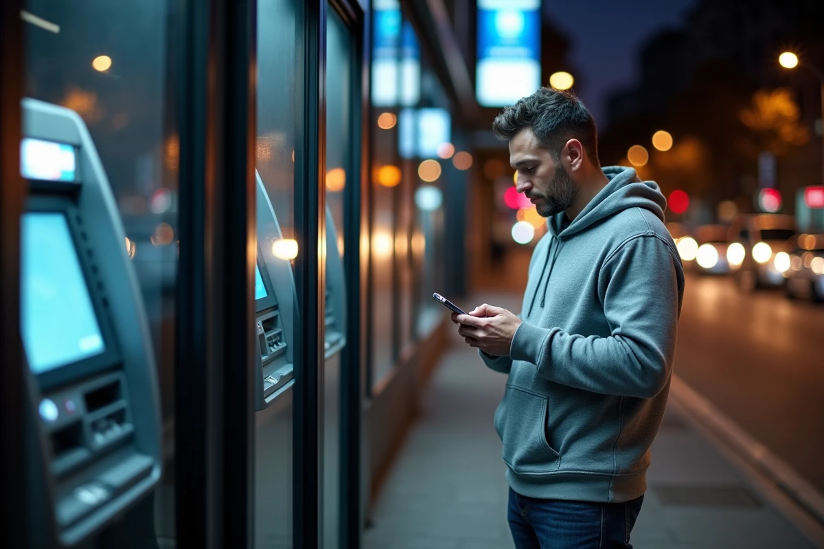Homme cherchant un distributeur automatique ouvert la nuit avec son smartphone en ville