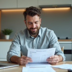 Homme d'affaires examine factures de renovation dans une cuisine moderne