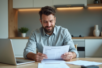Homme d'affaires examine factures de renovation dans une cuisine moderne