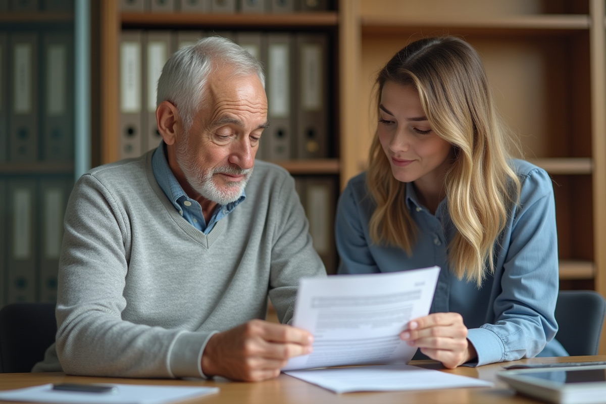 Homme âgé examinant un relevé bancaire avec une jeune femme