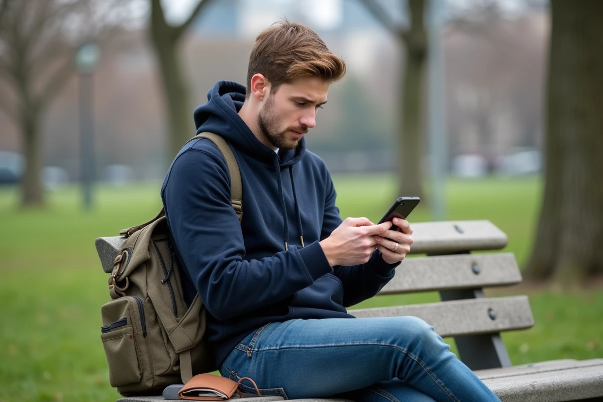 Jeune homme dans un parc vérifiant son smartphone