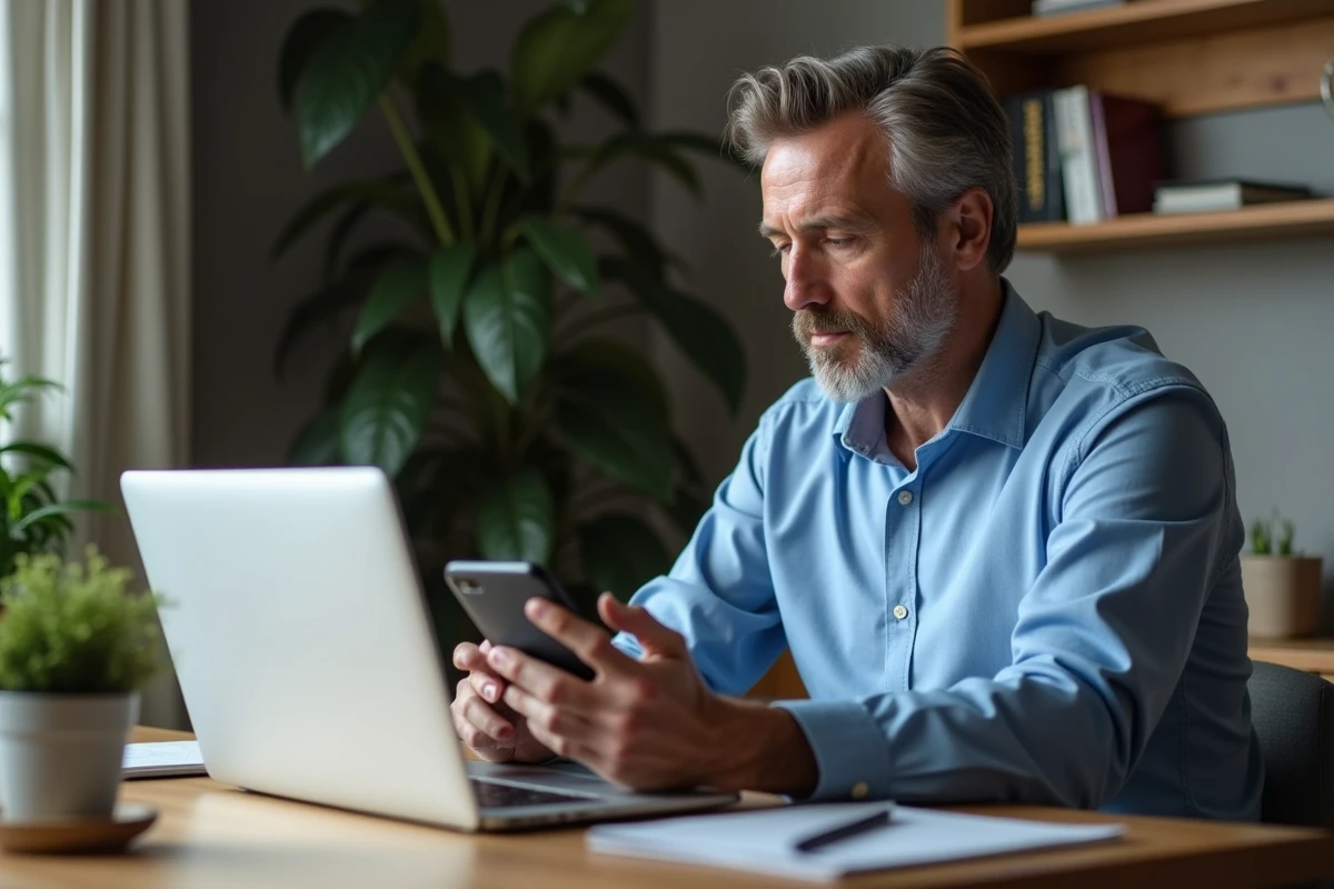 Homme d'âge moyen au bureau avec smartphone et ordinateur