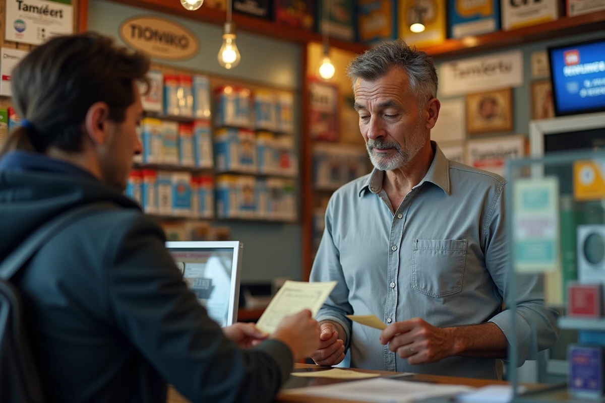 Homme déposant un ticket EuroMillions dans un bureau de tabac français