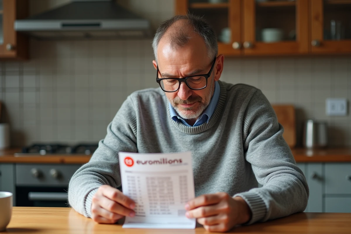 Homme consultant son ticket de tirage EuroMillions à la table de cuisine