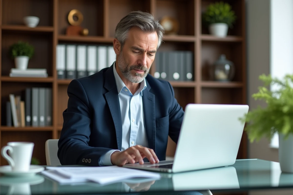 Homme concentré sur son ordinateur dans un bureau lumineux
