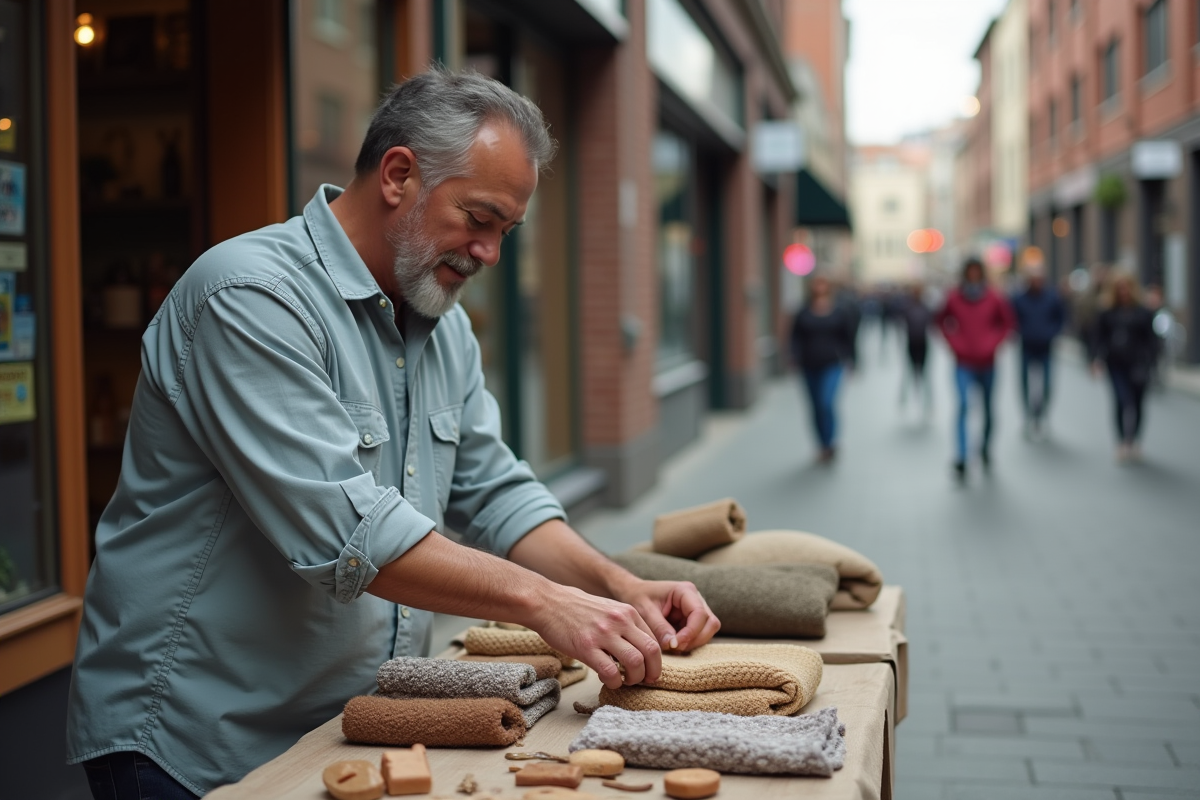 Homme vendant ses créations artisanales en extérieur