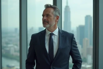 Homme d'affaires élégant en costume marine dans un bureau moderne avec vue sur la ville, illustrant la fortune et le succès financier d'Ilan Tobianah