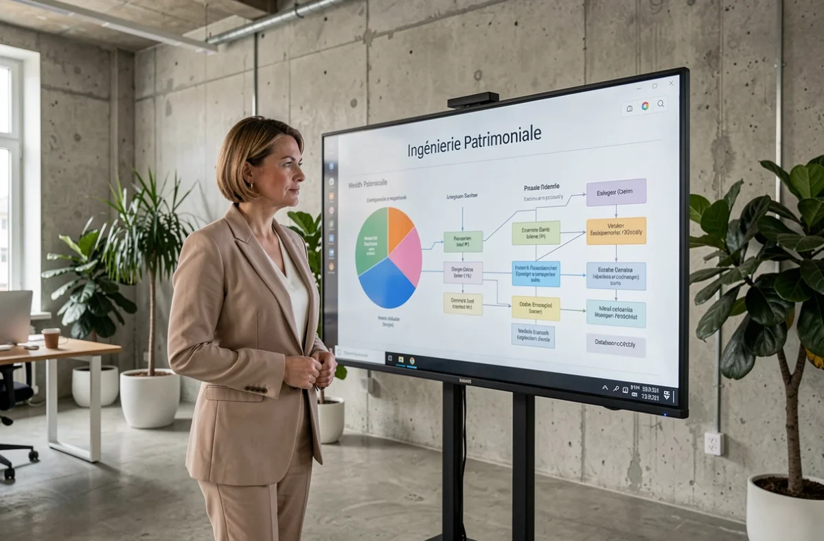 Experte en ingénierie patrimoniale présentant des stratégies d'optimisation sur un écran interactif