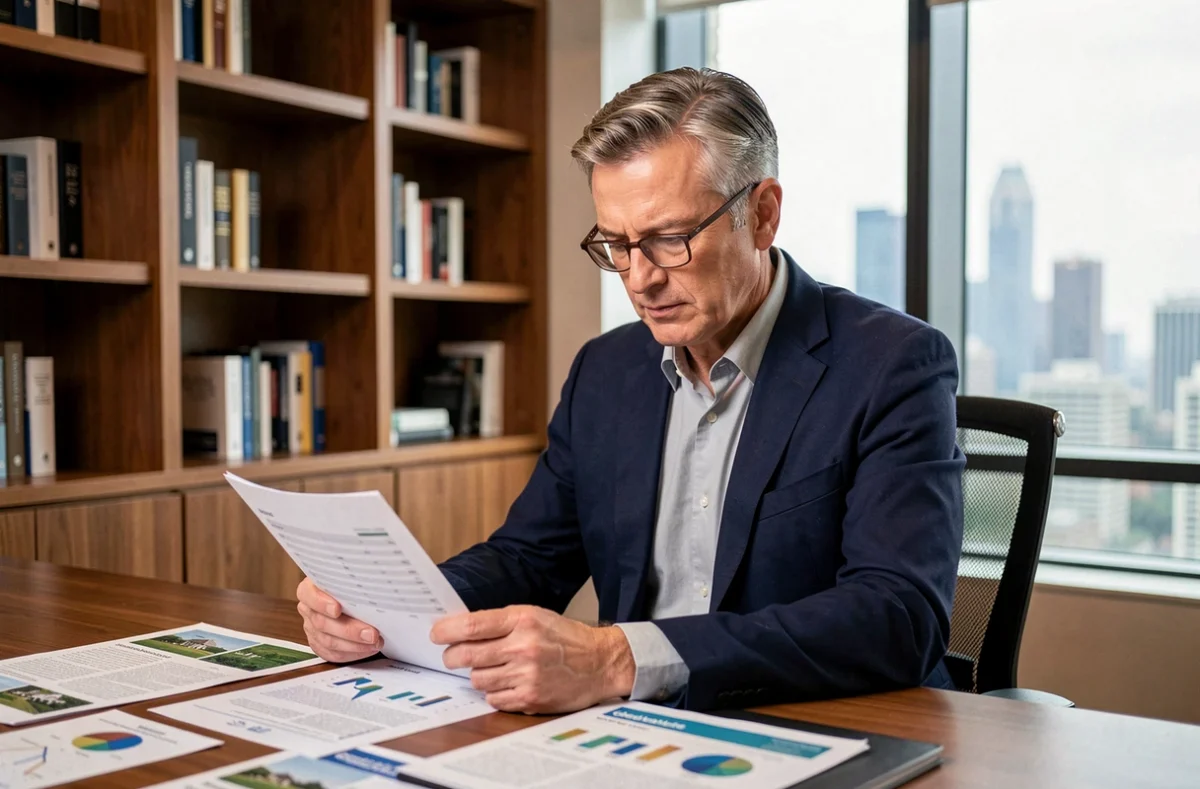 Investisseur senior analysant des documents de SCPI dans un bureau professionnel