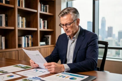 Investisseur senior analysant des documents de SCPI dans un bureau professionnel