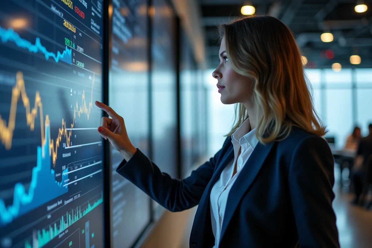 Investisseuse pointant des prévisions boursières Airbus sur un écran tactile dans une salle de trading financière moderne