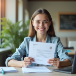 Jeune étudiant souriant avec documents de prêt et matériel d'étude