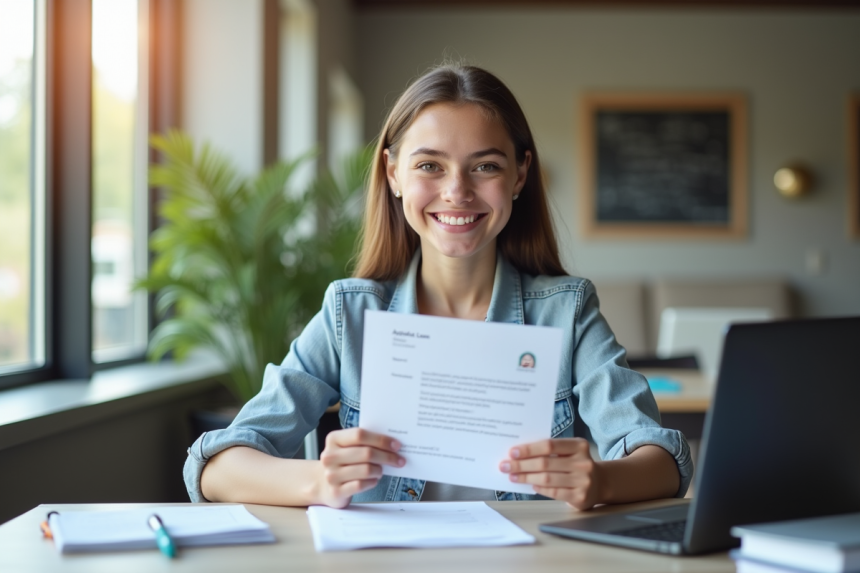 Jeune étudiant souriant avec documents de prêt et matériel d'étude