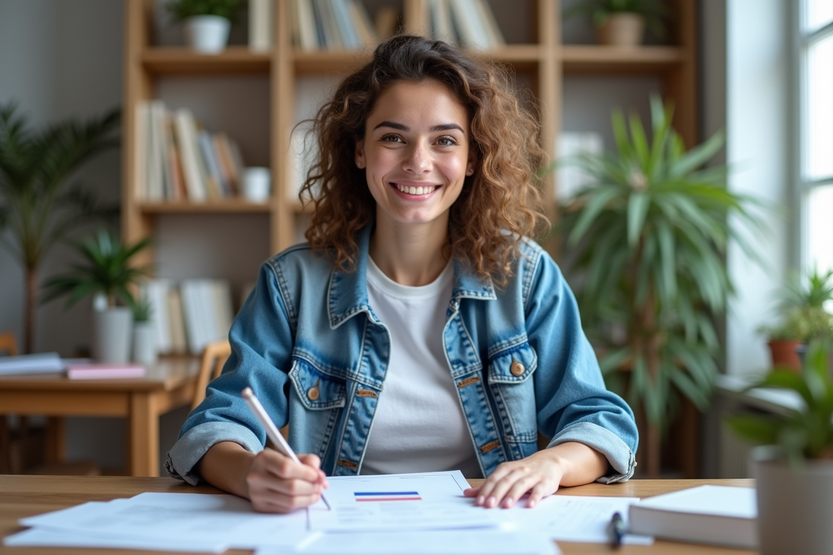 Jeune femme souriante avec papiers et carte d'identite