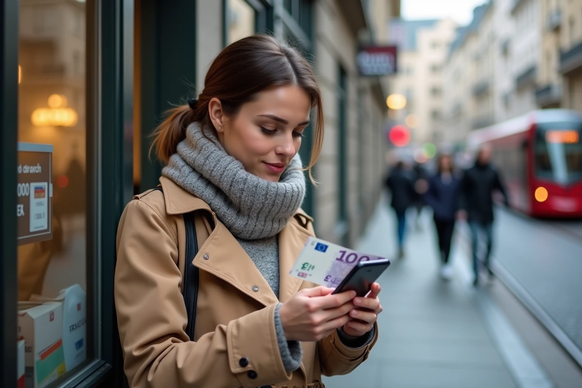Jeune femme vérifiant le taux de change euro sur son smartphone devant une banque