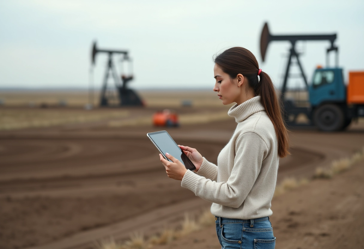 Jeune femme avec tablette dans un champ pétrolier en activité