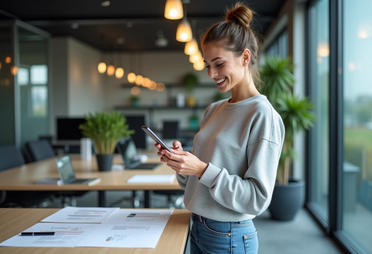 Jeune femme vérifiant un document RIB sur un bureau professionnel
