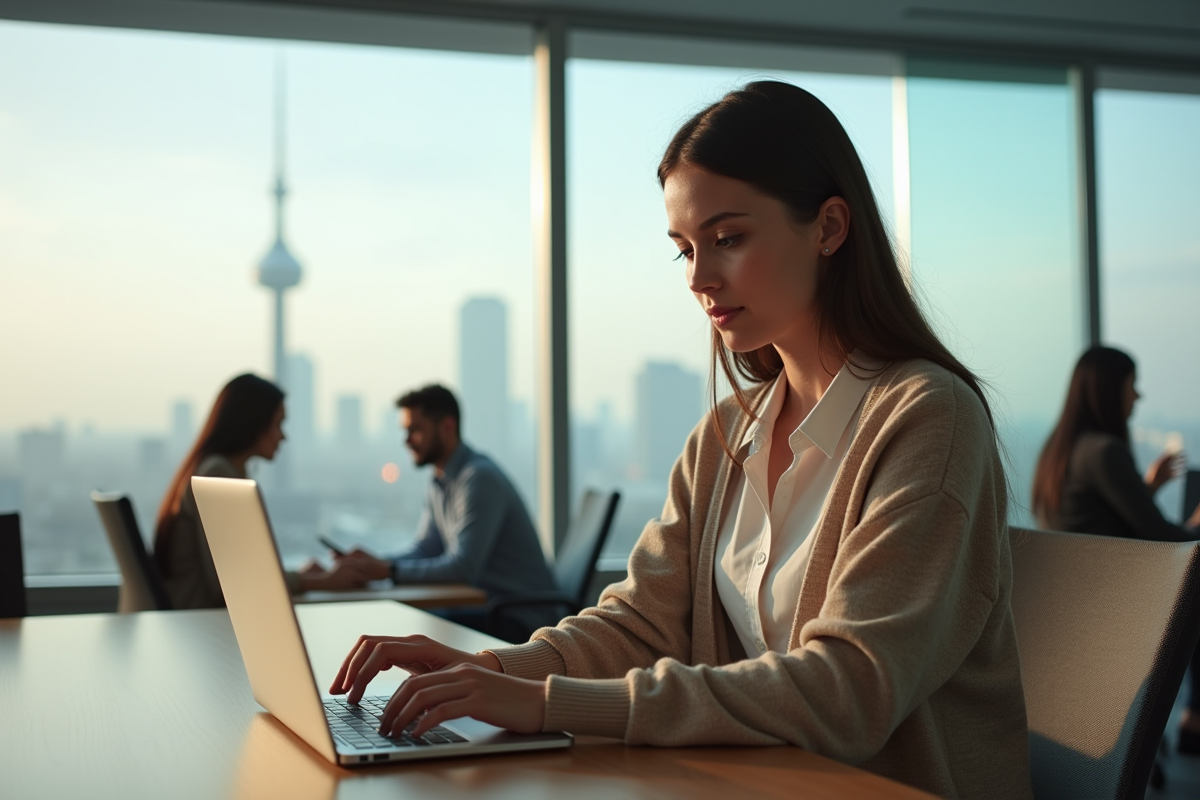 Jeune femme travaillant sur un ordinateur dans un bureau lumineux