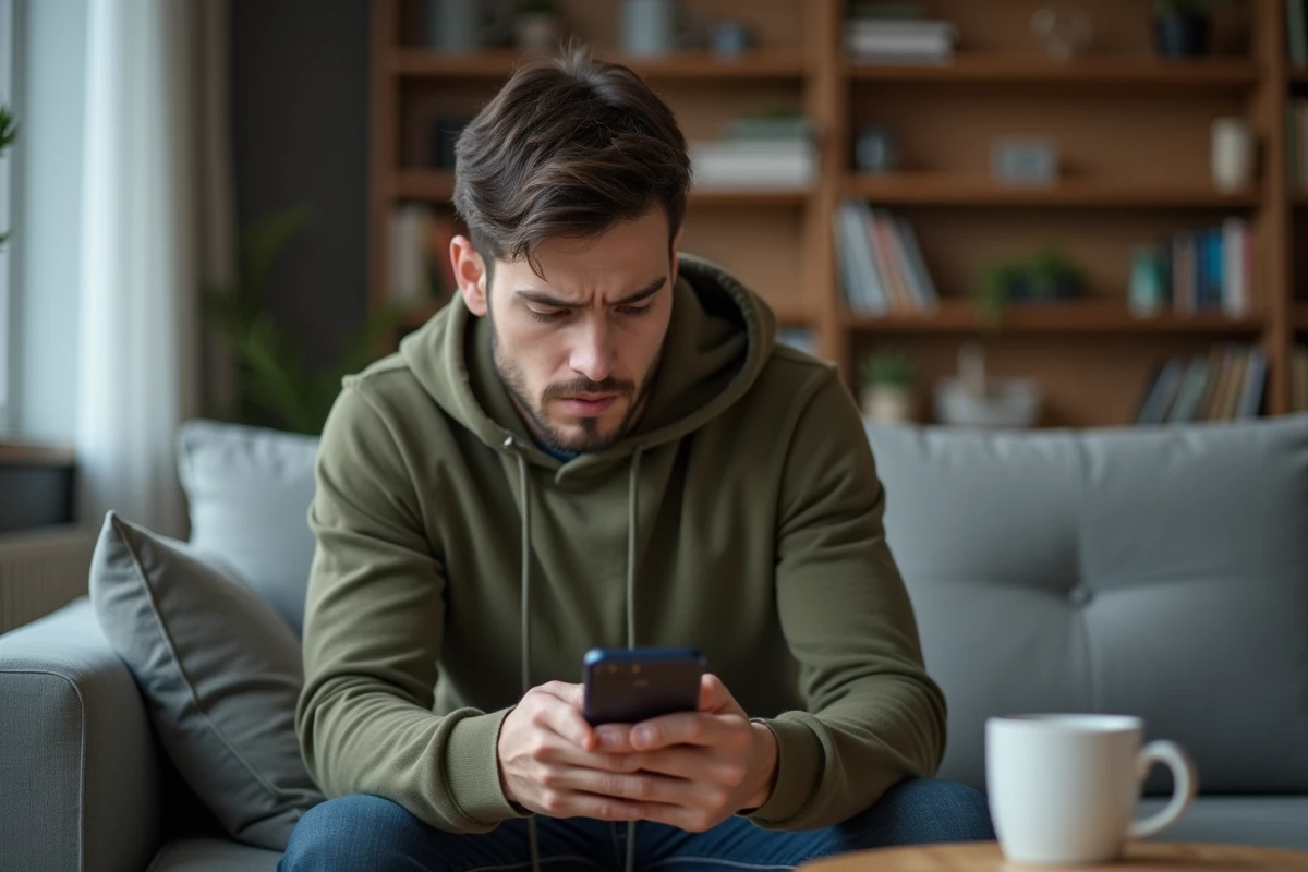 Jeune homme vérifiant un virement de 747 euros incorrect sur l'application mobile de sa banque