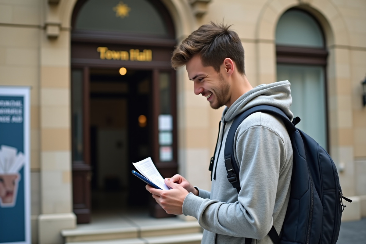 Jeune homme vérifiant son smartphone devant la mairie