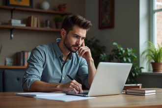 Jeune homme concentré travaillant sur son ordinateur dans un appartement moderne