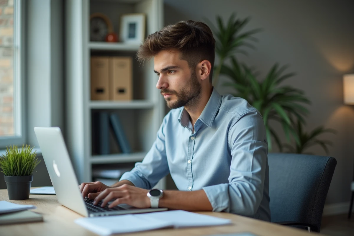 Jeune homme travaillant sur son ordinateur à la maison