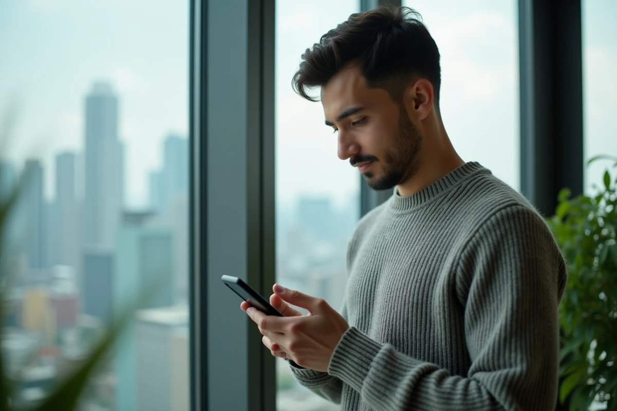 Jeune professionnel vérifiant un transfert bancaire sur son smartphone