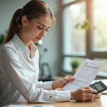 Jeune professionnel avec fiche de paie et calculatrice