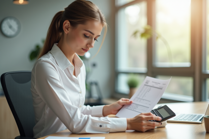 Jeune professionnel avec fiche de paie et calculatrice