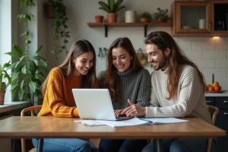 Trois jeunes adultes discutent d'un budget partagé dans la cuisine
