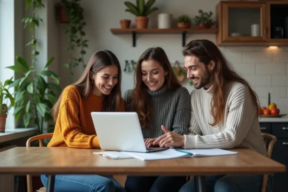 Trois jeunes adultes discutent d'un budget partagé dans la cuisine
