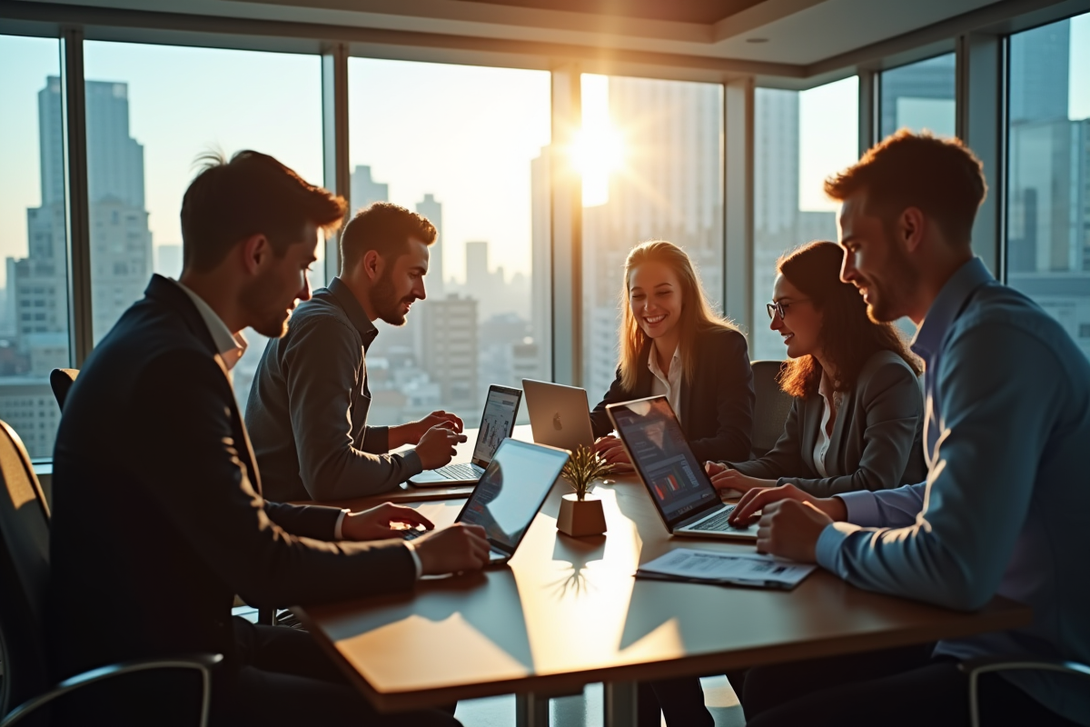 Jeunes professionnels analysant des données crypto en bureau lumineux
