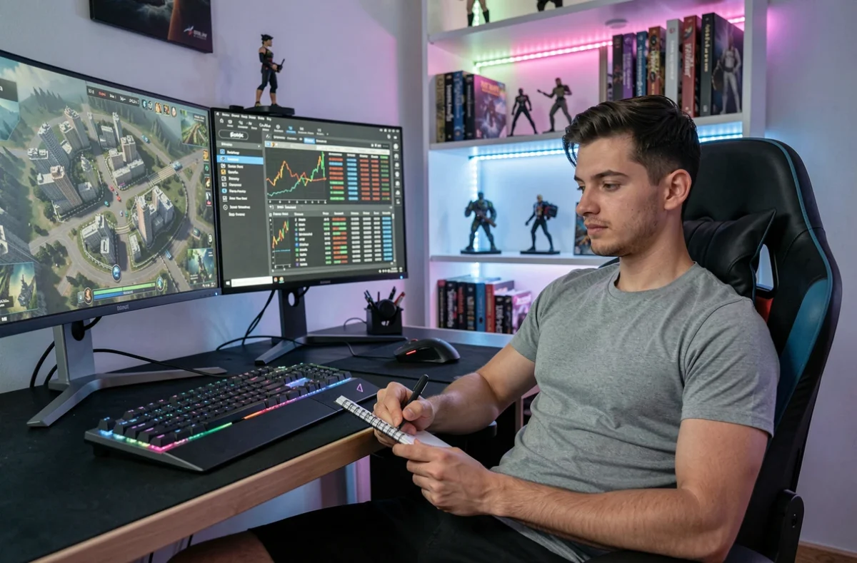 Joueur dans une salle de gaming analysant une carte de mission et des données financières sur double écran pour optimiser ses gains en bourse dans GTA 5