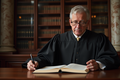 Juge en robe noire dans une cour de justice ancienne