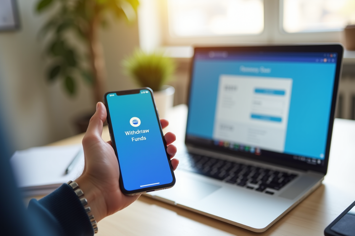 Main tenant un smartphone avec l application Coinbase dans un bureau lumineux