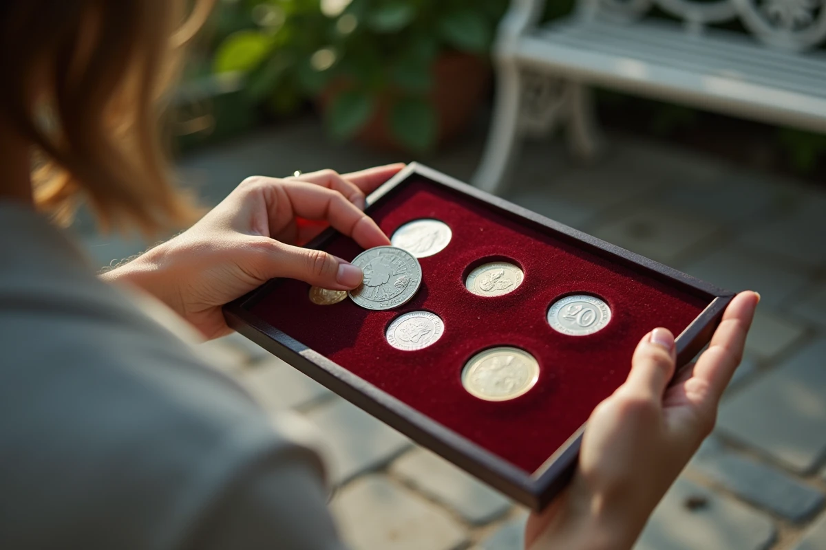 Mains de jeune femme tenant une pièce de monnaie ancienne