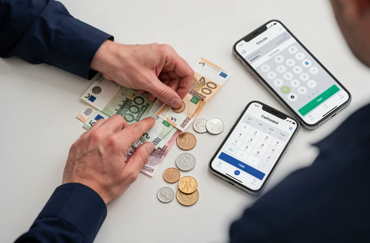 Gros plan de mains comptant des billets et pièces en euros à côté d'une application de calcul de monnaie sur smartphone