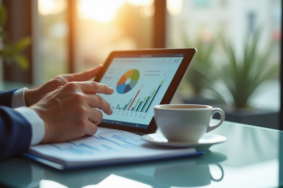 Mains utilisant une tablette avec graphiques fiscaux