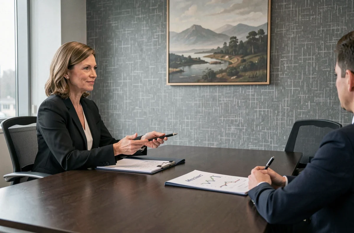 Conseillère Meeschaert présentant un portefeuille d'investissement à un client dans une salle de réunion élégante