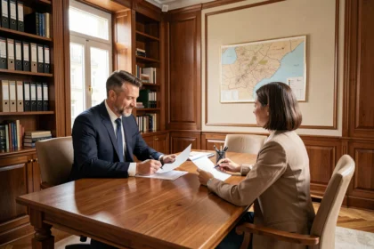 Conseiller en gestion de patrimoine en Gironde discutant avec des clients dans un bureau professionnel élégant