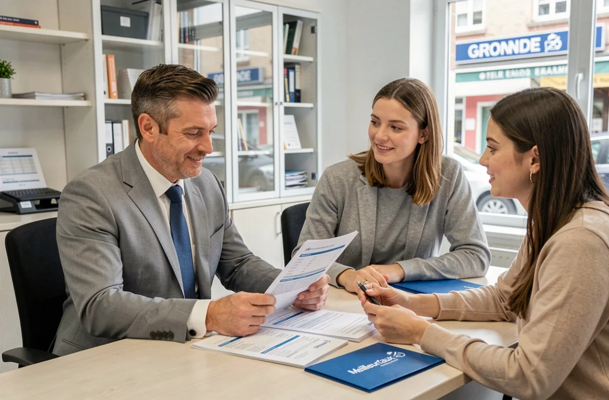 Conseiller Meilleurtaux en agence de Gironde comparant des offres de prêt immobilier avec des clients