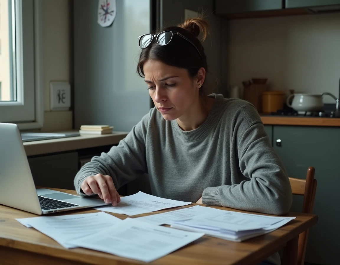 Mère célibataire à son bureau avec des factures et une demande d'aide au loyer sur ordinateur