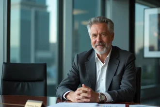 Homme d'affaires milliardaire assis dans une salle de conseil avec des rapports financiers, symbole du philanthrocapitalisme et du mécénat d'entreprise