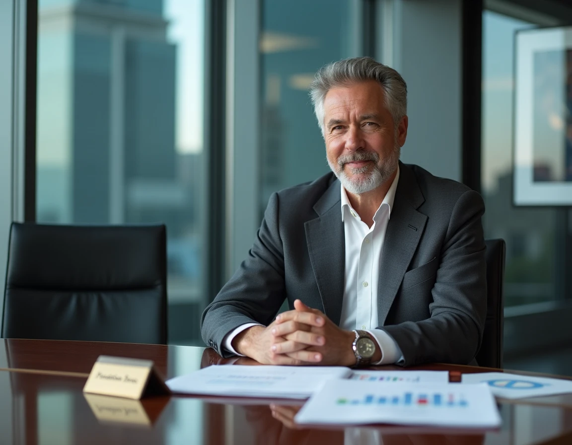 Homme d'affaires milliardaire assis dans une salle de conseil avec des rapports financiers, symbole du philanthrocapitalisme et du mécénat d'entreprise