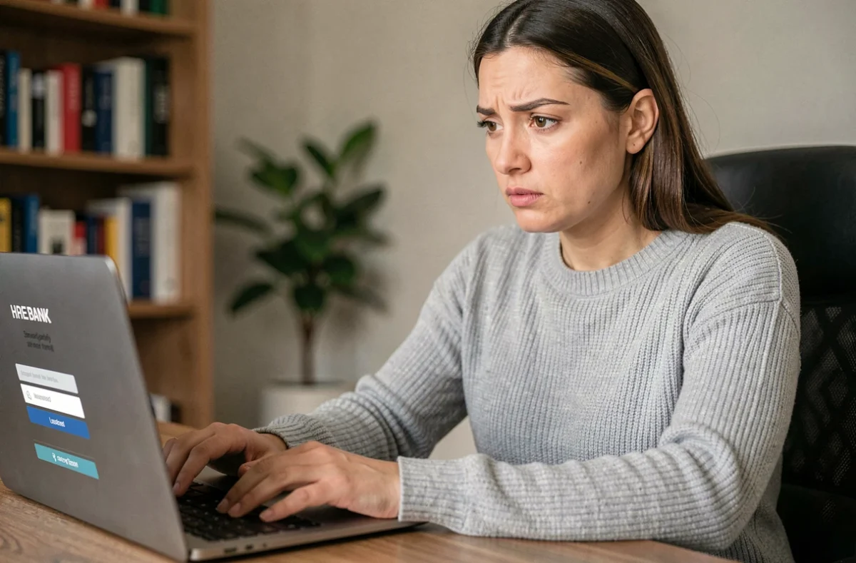 Femme devant son ordinateur portable affichant une erreur de connexion bancaire en ligne