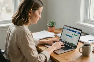 Femme indépendante effectuant un paiement en ligne sur le site de l'URSSAF depuis son bureau à domicile