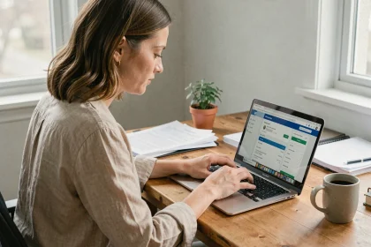 Femme indépendante effectuant un paiement en ligne sur le site de l'URSSAF depuis son bureau à domicile
