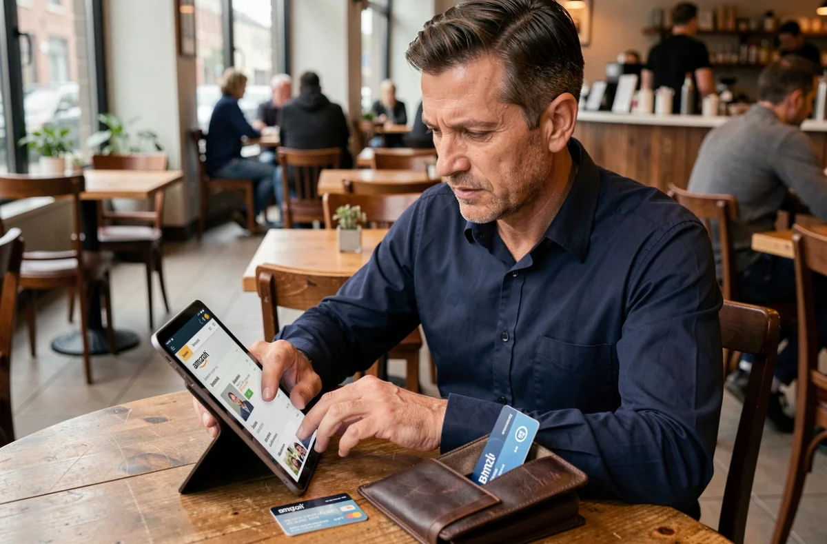 Homme effectuant un paiement mixte en ligne sur tablette avec carte bancaire et carte Bimpli dans un café