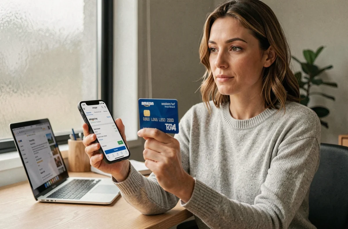 Femme utilisant une carte bancaire et l'application Amazon pour effectuer un paiement mixte Bimpli